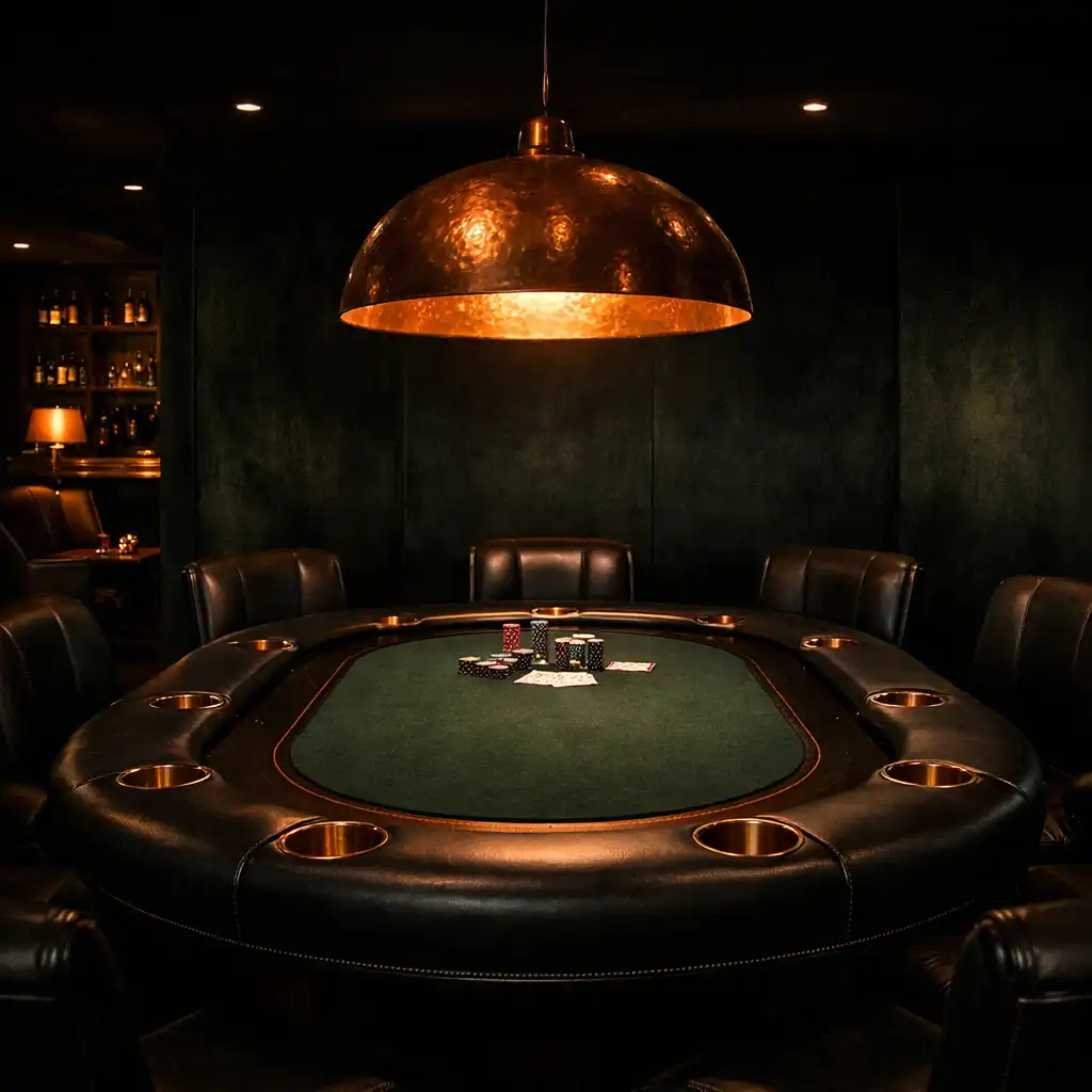Private poker room with a single custom table, copper chandelier, and dark velvet walls