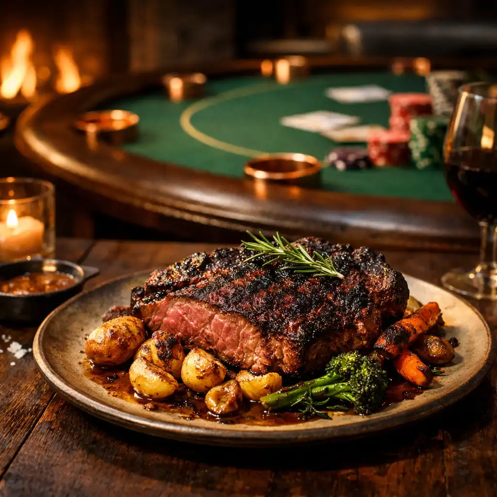 A beautifully plated wood-fired dish on a dark wooden table with a poker table softly blurred in the background