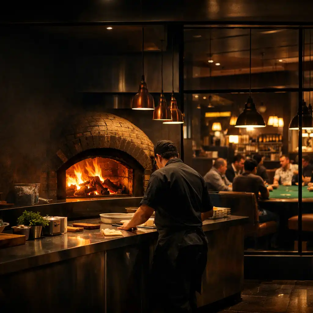 Wood-fired kitchen glowing in the foreground with a poker salon visible through a glass partition beyond