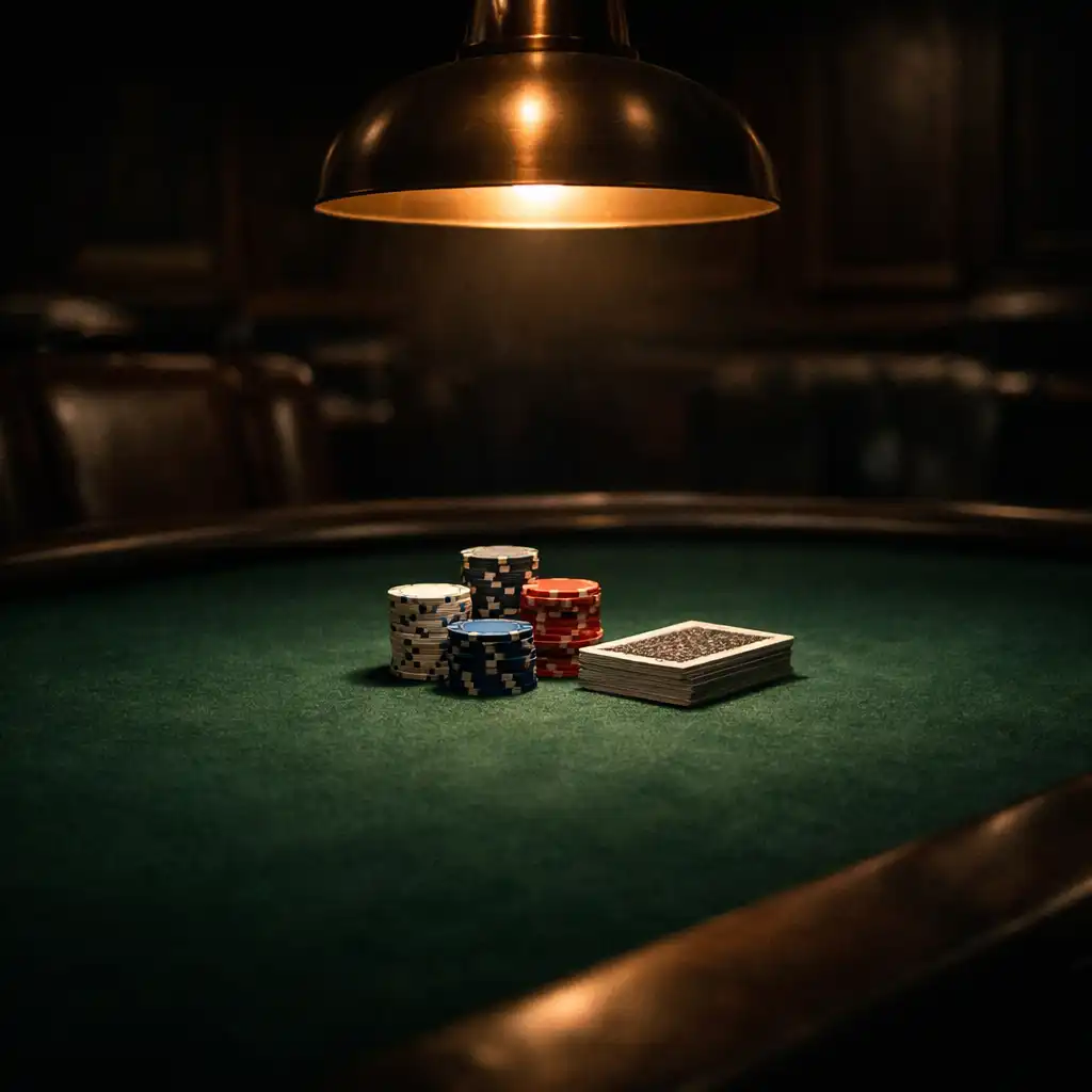 Moody poker table with forest green felt, tournament chips, and a deck of cards under a warm copper lamp