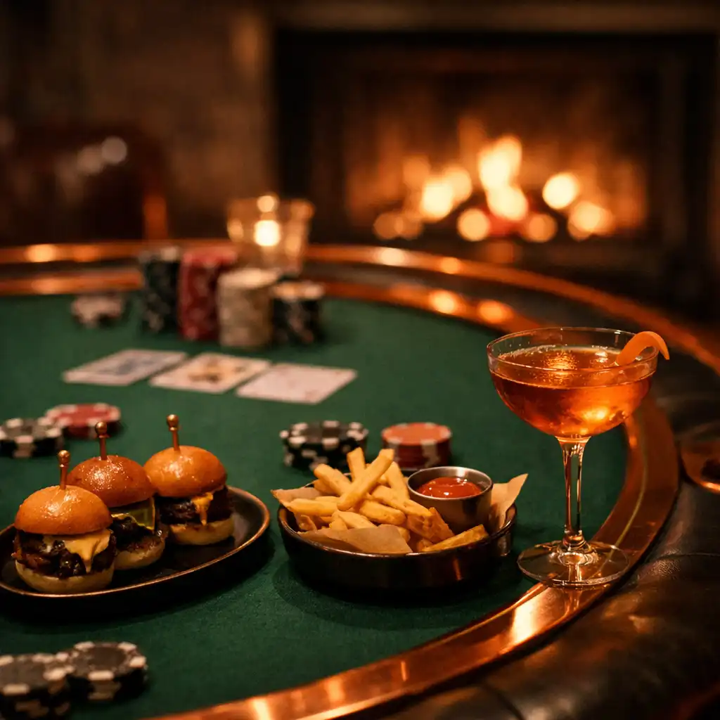 Poker table with sliders, fries, and a copper cocktail in a dimly lit room