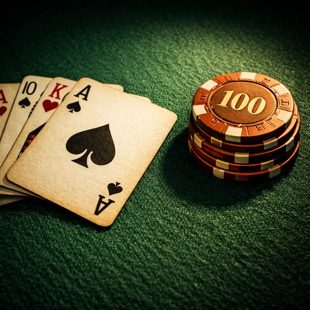 Close-up of forest green poker felt with fanned playing cards and copper tournament chips