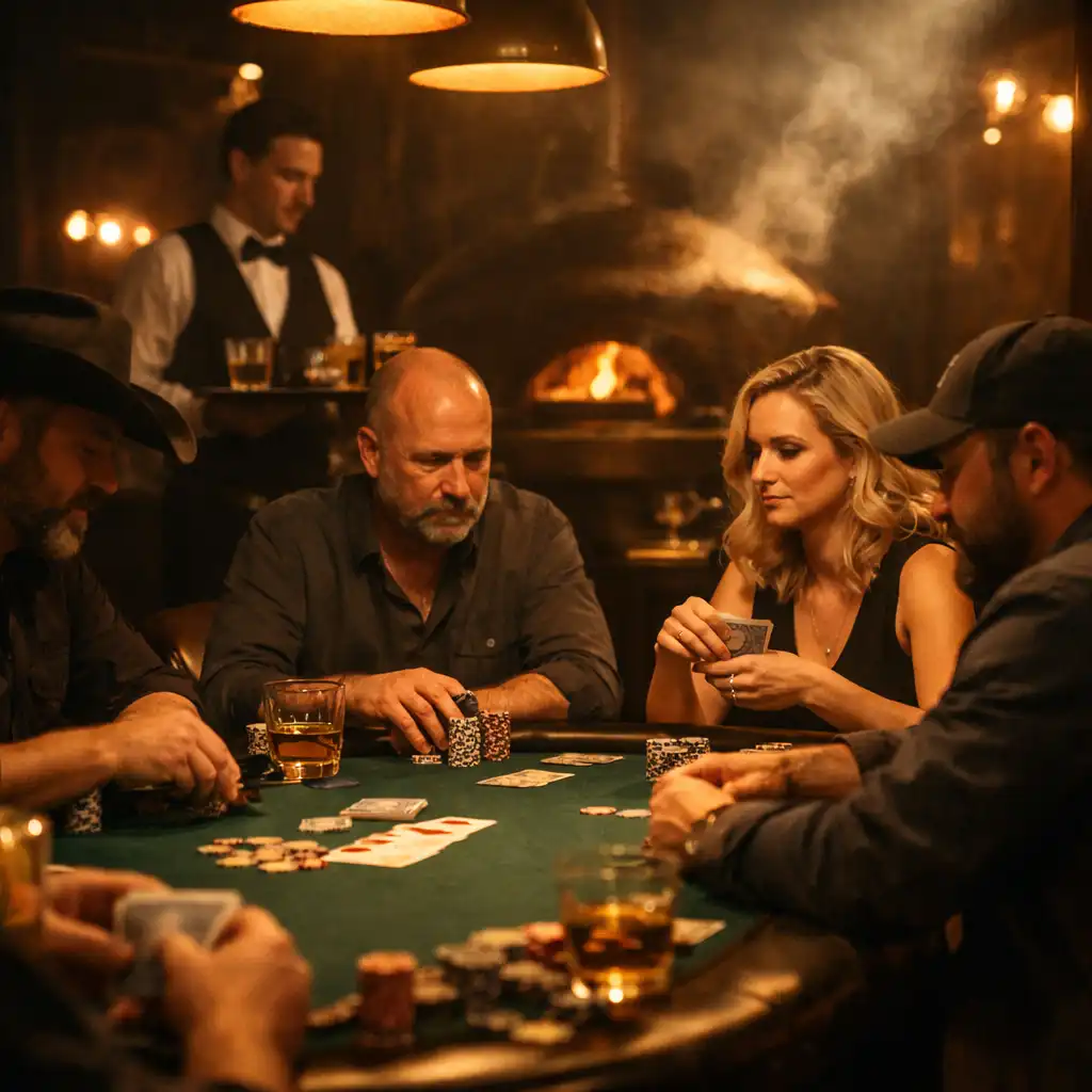 Atmospheric poker night with players seated around a table, warm amber lighting, and a waiter carrying drinks