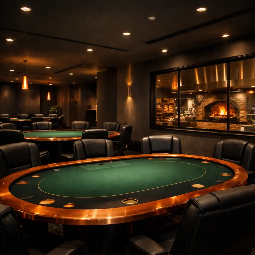 Wide-angle view of a modern poker salon with green felt tables, copper railings, and warm accent lighting