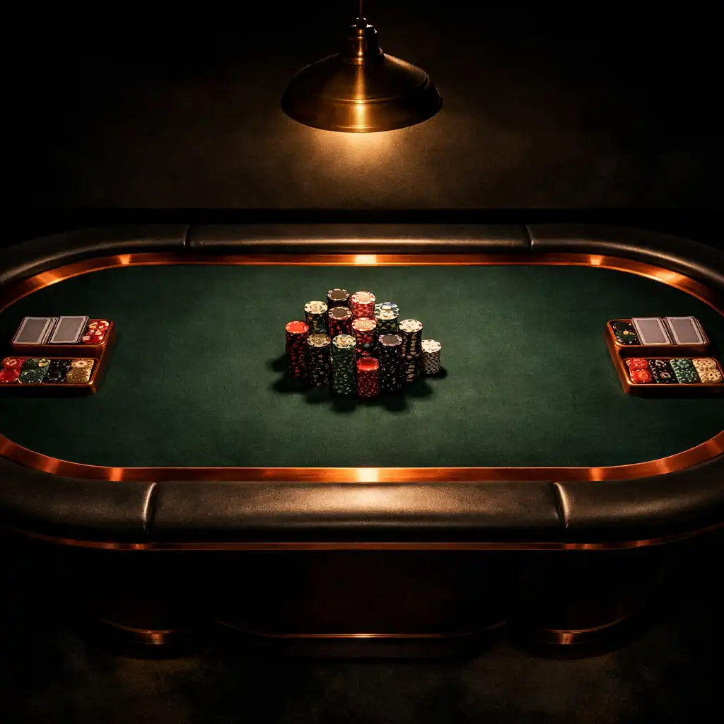 Overhead view of a premium poker table with green felt, copper accents, and clay chips in a dimly lit card room