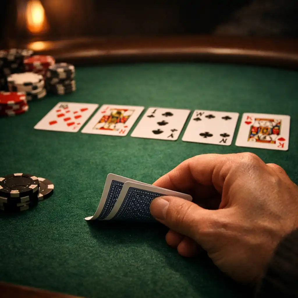 Close-up of a Texas Hold'em game with two private cards, community cards, and chips on green felt