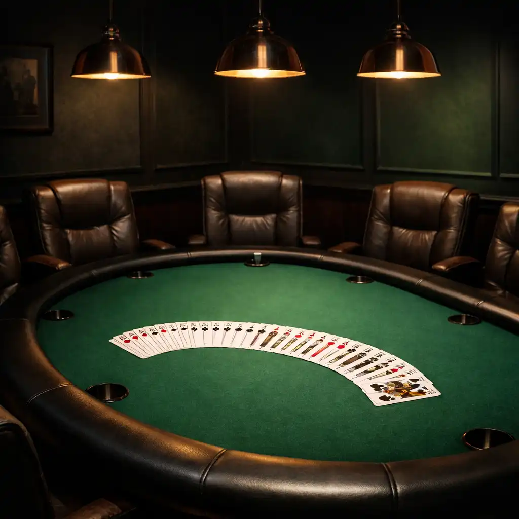 Green felt poker table with fanned cards under low copper pendant lights
