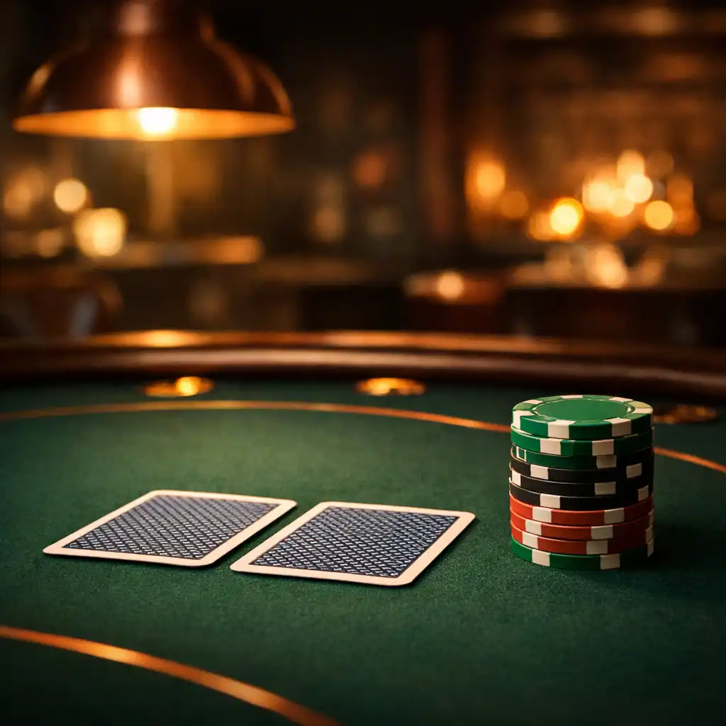 Close-up of a Texas Hold'em poker table with face-down hole cards and clay chips in a dimly lit card lounge