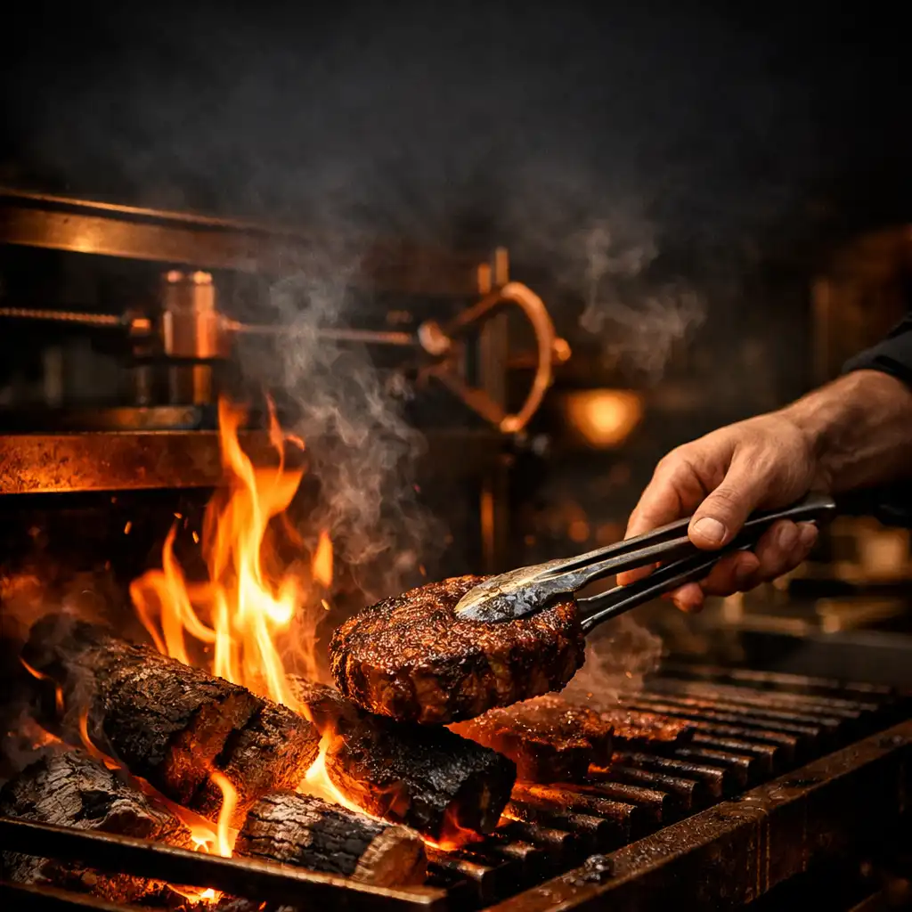 Chef turning a steak over a wood-fired grill with flames and embers