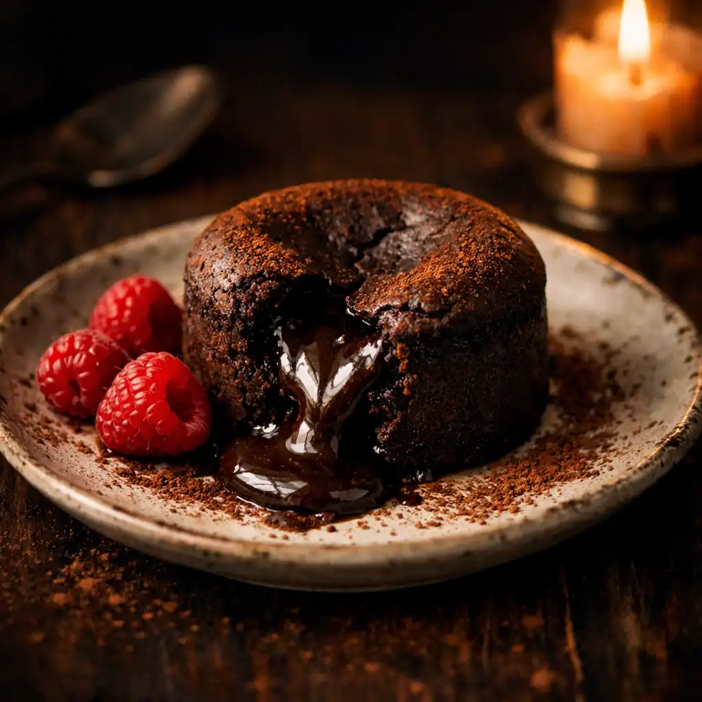 Dark chocolate fondant with molten center, cocoa powder, and raspberries on a ceramic plate