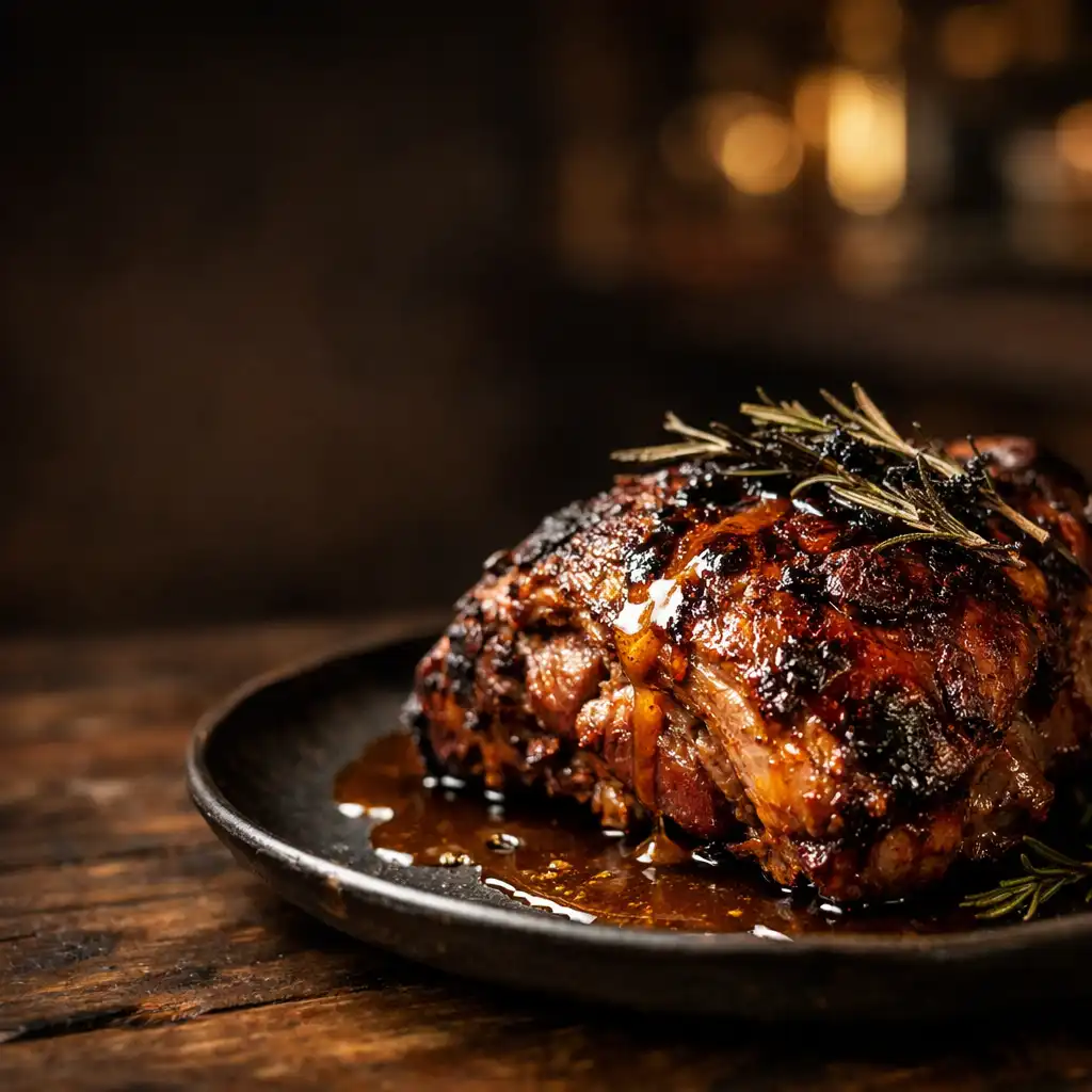 Wood-fired lamb shoulder with charred rosemary and smoked garlic jus on a dark plate