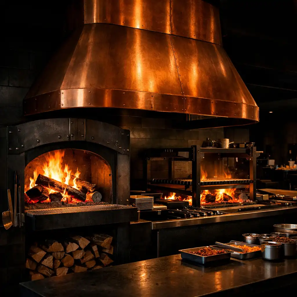 Wood-fired oven and open grill with a large copper hood, flames glowing inside
