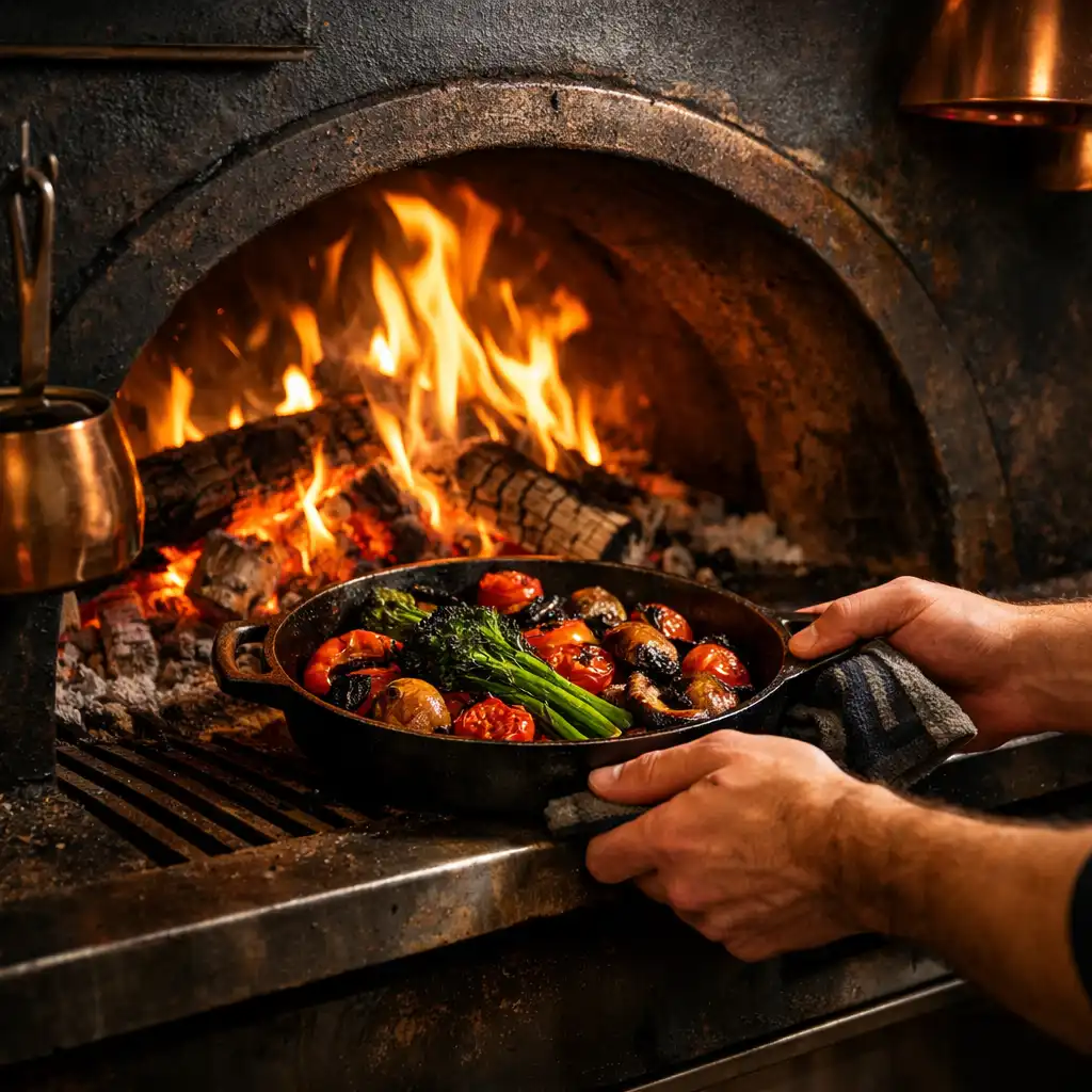 Chef placing a cast-iron skillet into a glowing wood-fired oven