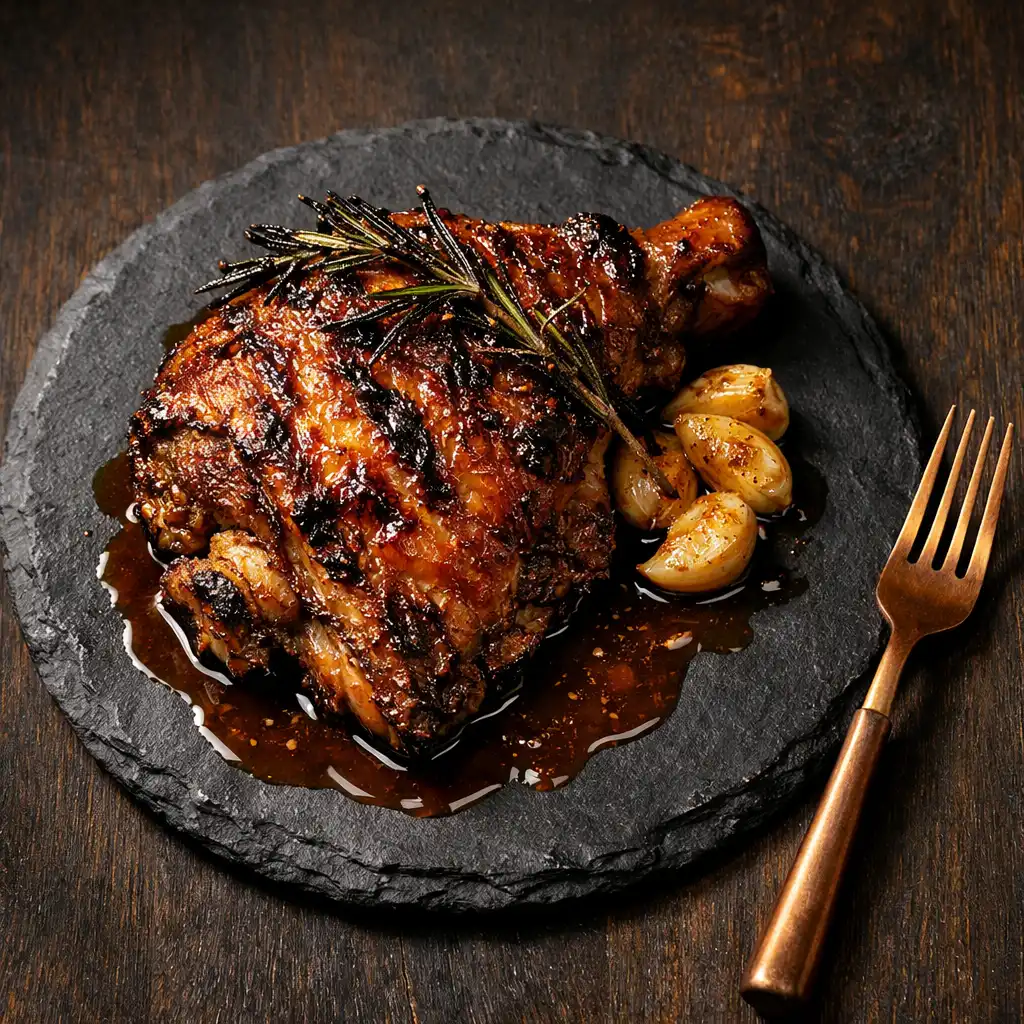 Plated wood-fired lamb shoulder with charred rosemary and smoked garlic jus