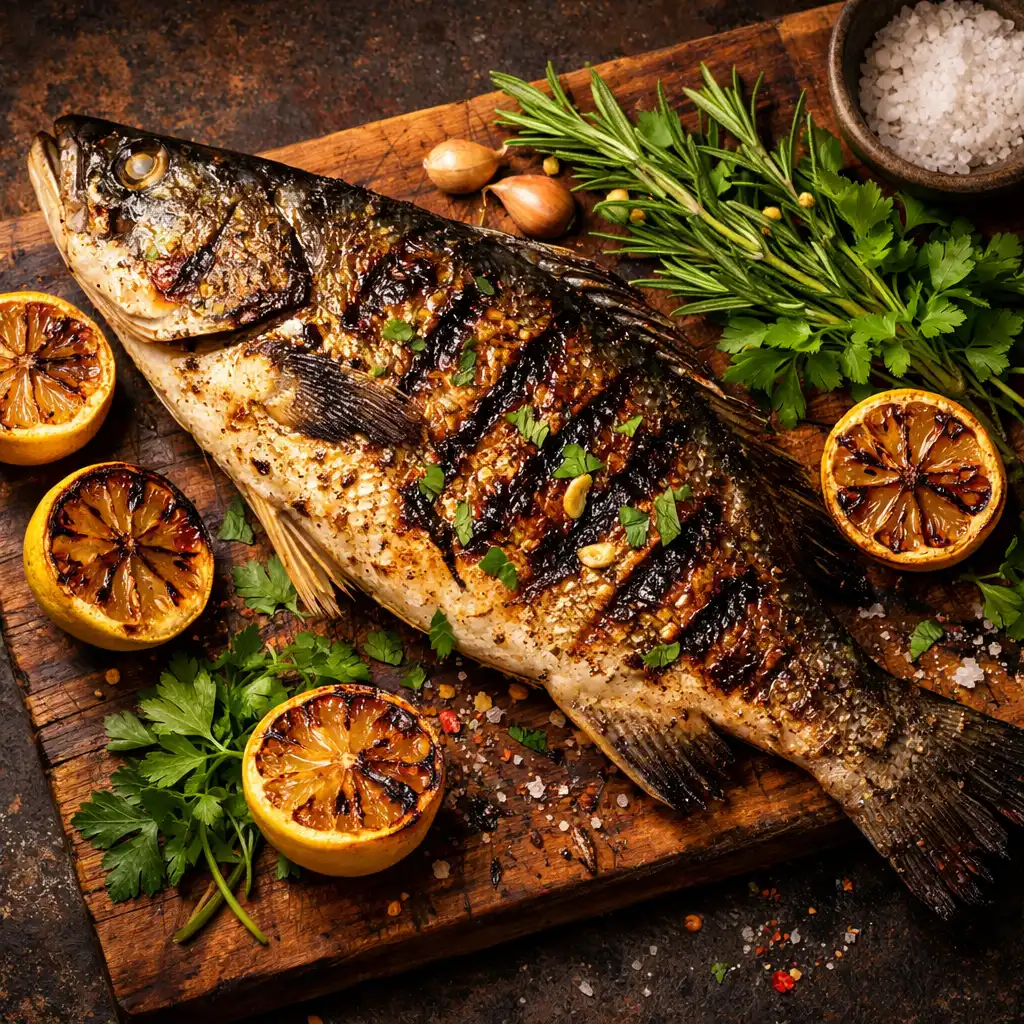 Whole grilled barramundi with charred lemon and fresh herbs on a wooden board