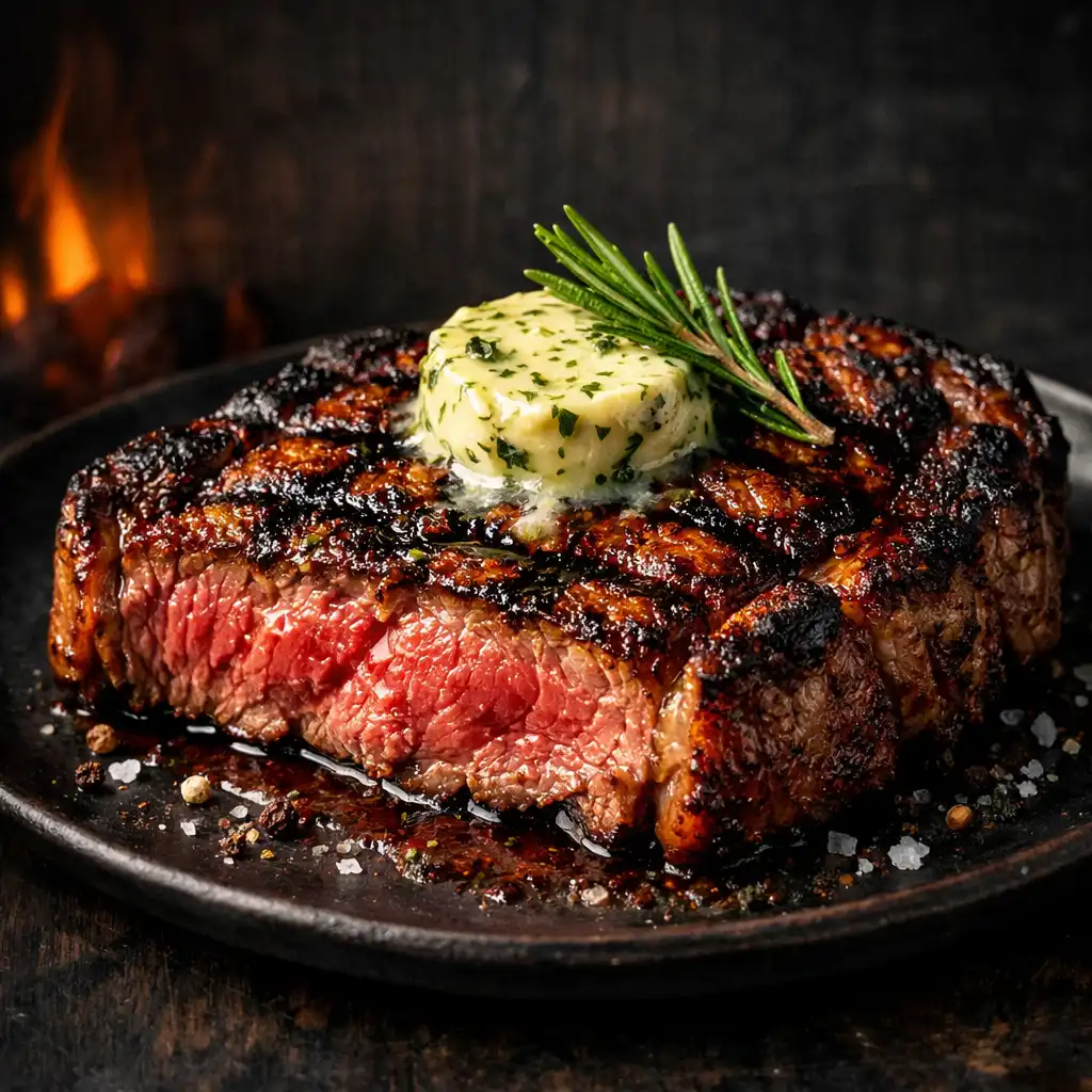 Wood-fired ribeye steak with char marks, rosemary, and herb butter on a dark plate