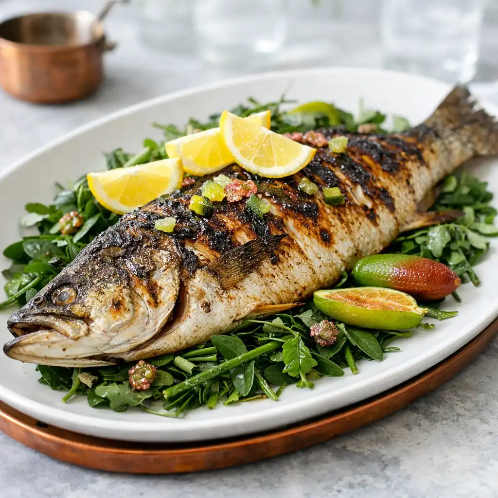 Whole wood-roasted barramundi on native greens with lemon and finger lime